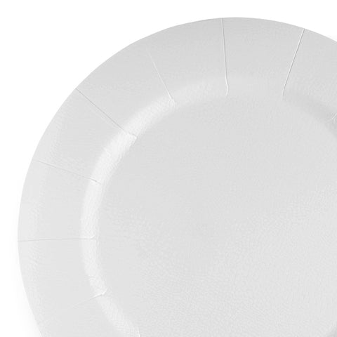 Close-up of the top right corner of one of the elegant White Round Paper Charger Plates (13