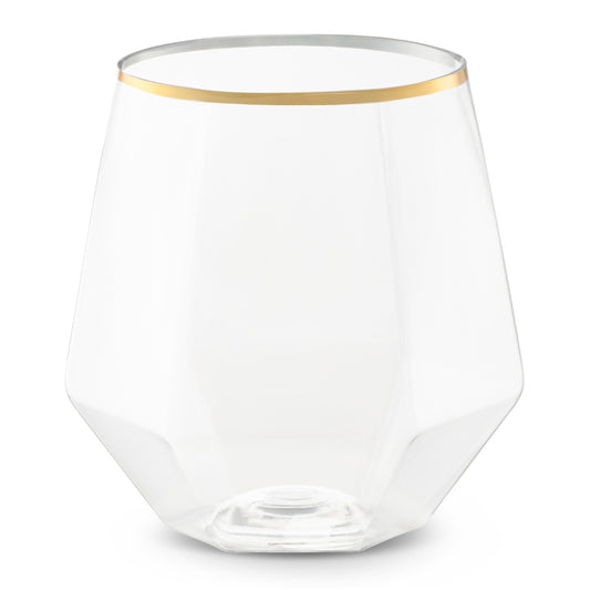 12 oz. Clear with Gold Rim Hexagonal Stemless Disposable Plastic Wine Goblets