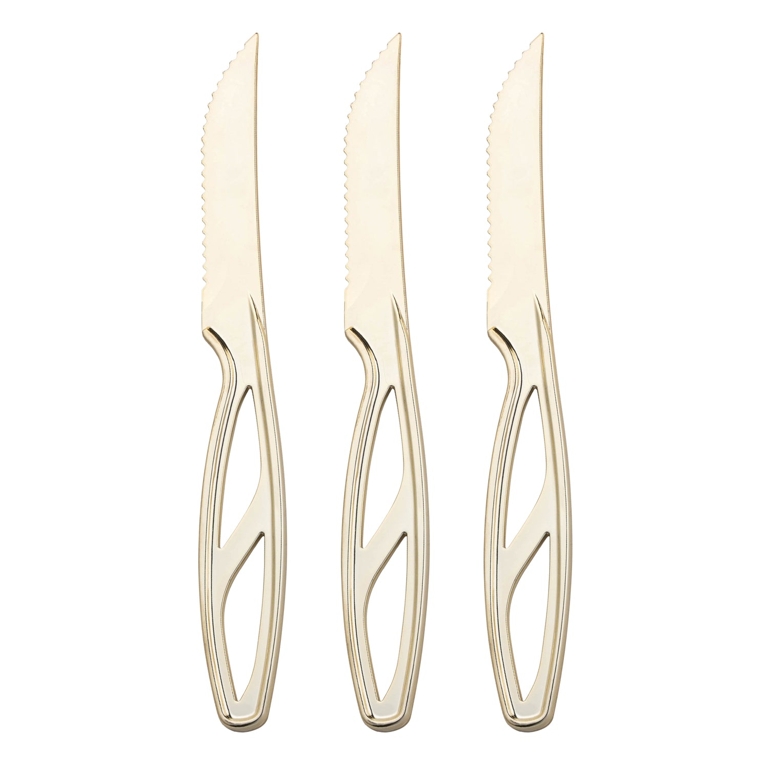 Three gold plastic disposable steak knives with serrated edges and hollow, geometrically-designed handles are aligned vertically against a white background, showcasing the elegance of upscale cutlery.
