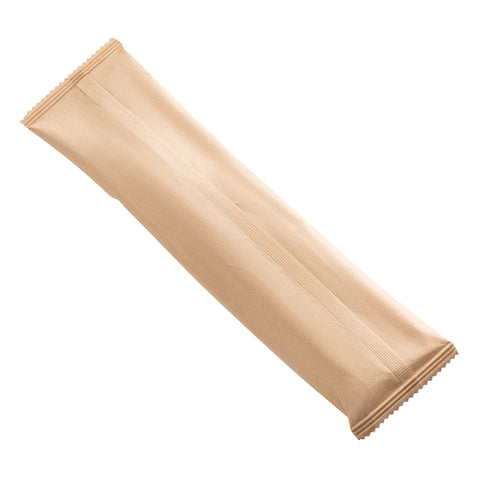 A closed, horizontal packet made of brown paper with serrated edges, containing a Natural Birch Wood Eco-Friendly Disposable Napkin Cutlery Set - including spoons, forks, knives, and napkins - is isolated on a white background.