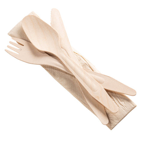 The Natural Birch Wood Eco-Friendly Disposable Napkin Cutlery Set features a fork, knife, and spoon arranged on a beige napkin. The light-colored, compostable utensils are made of natural birch wood and display their smooth, natural finish in an overlapping layout.