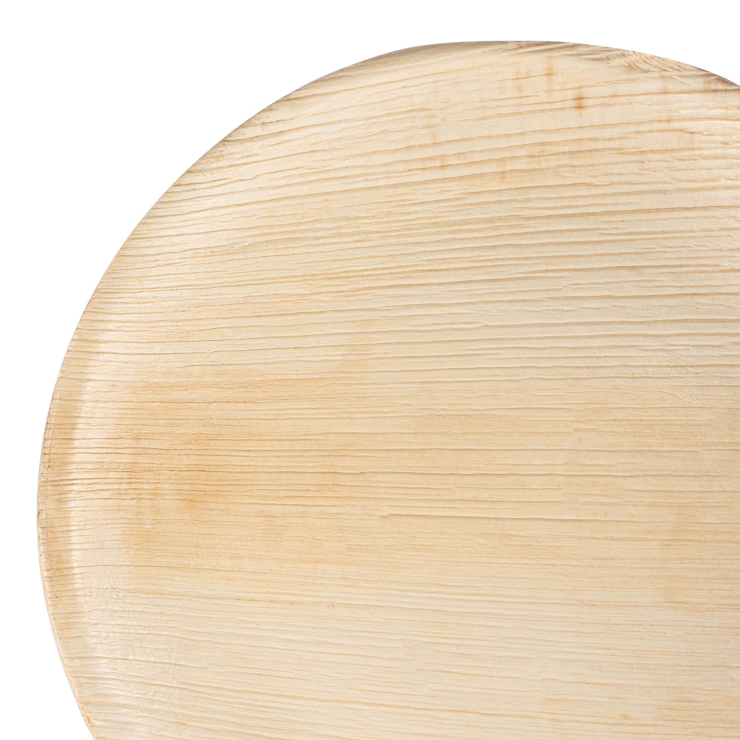 Close-up of a Round Palm Leaf Disposable Eco-Friendly Dinner Plate (10") with a smooth, slightly textured surface. The plate's rim is visible in the upper part of the image, casting a subtle shadow. This eco-friendly party supply sits against a plain white background.
