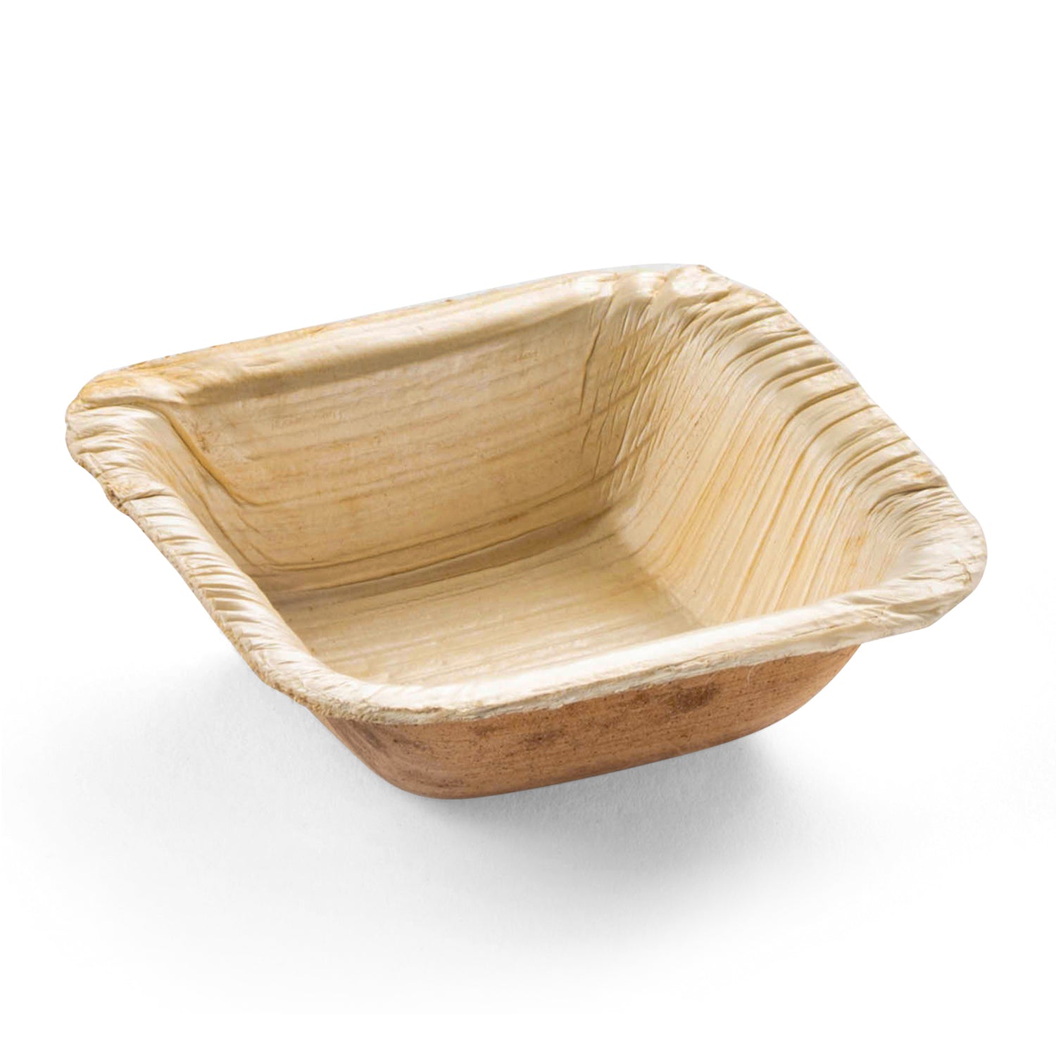 A small, square, eco-friendly disposable plate made from natural palm leaf material. The compostable plate has a light brown, slightly textured surface and gently curved sides, perfect for serving food. It is placed on a plain white background.