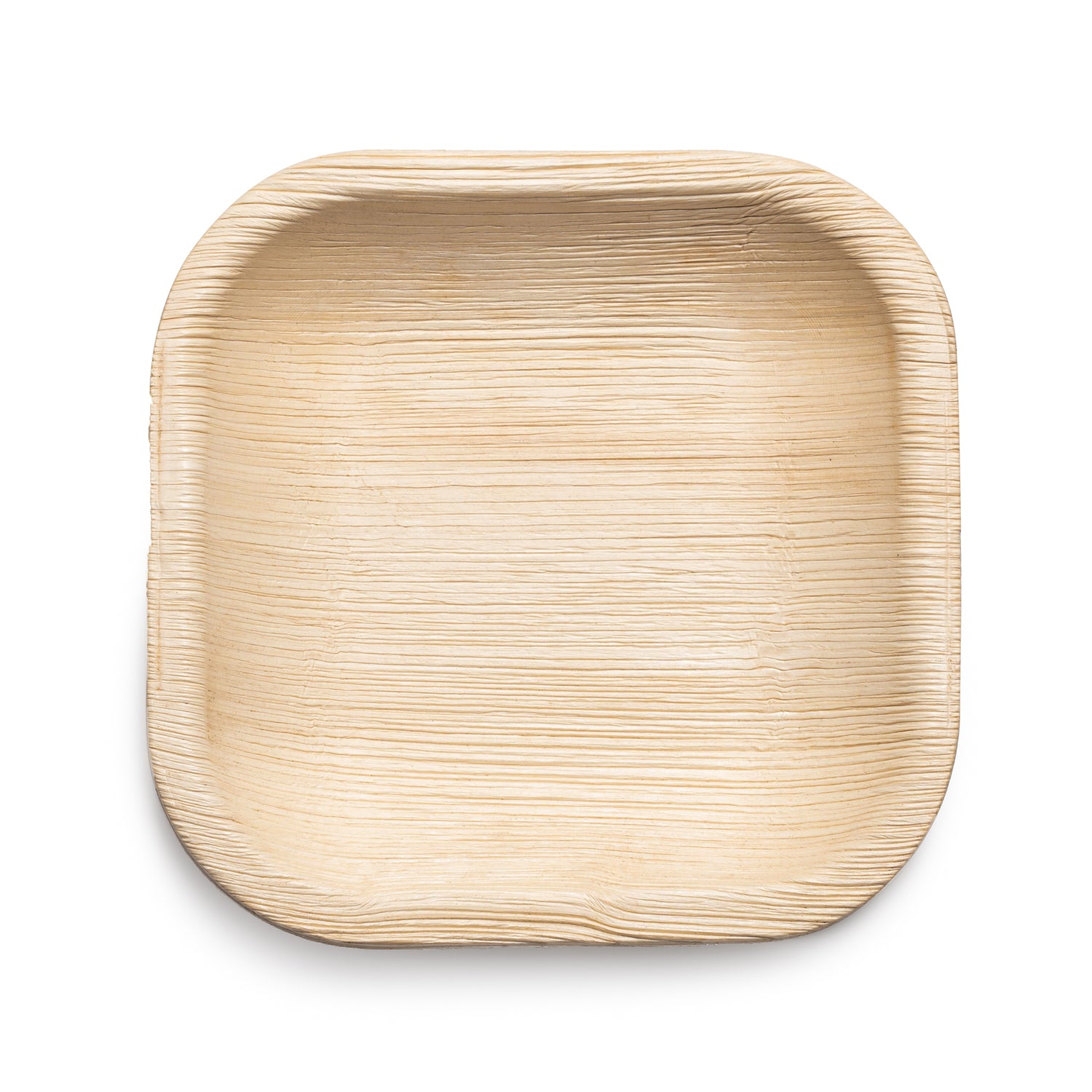 The Square Palm Leaf Disposable Eco-Friendly Pastry Plate (4") is a light-colored, natural, compostable plate with rounded corners and a subtle, textured grain pattern. It is displayed on a plain white background.