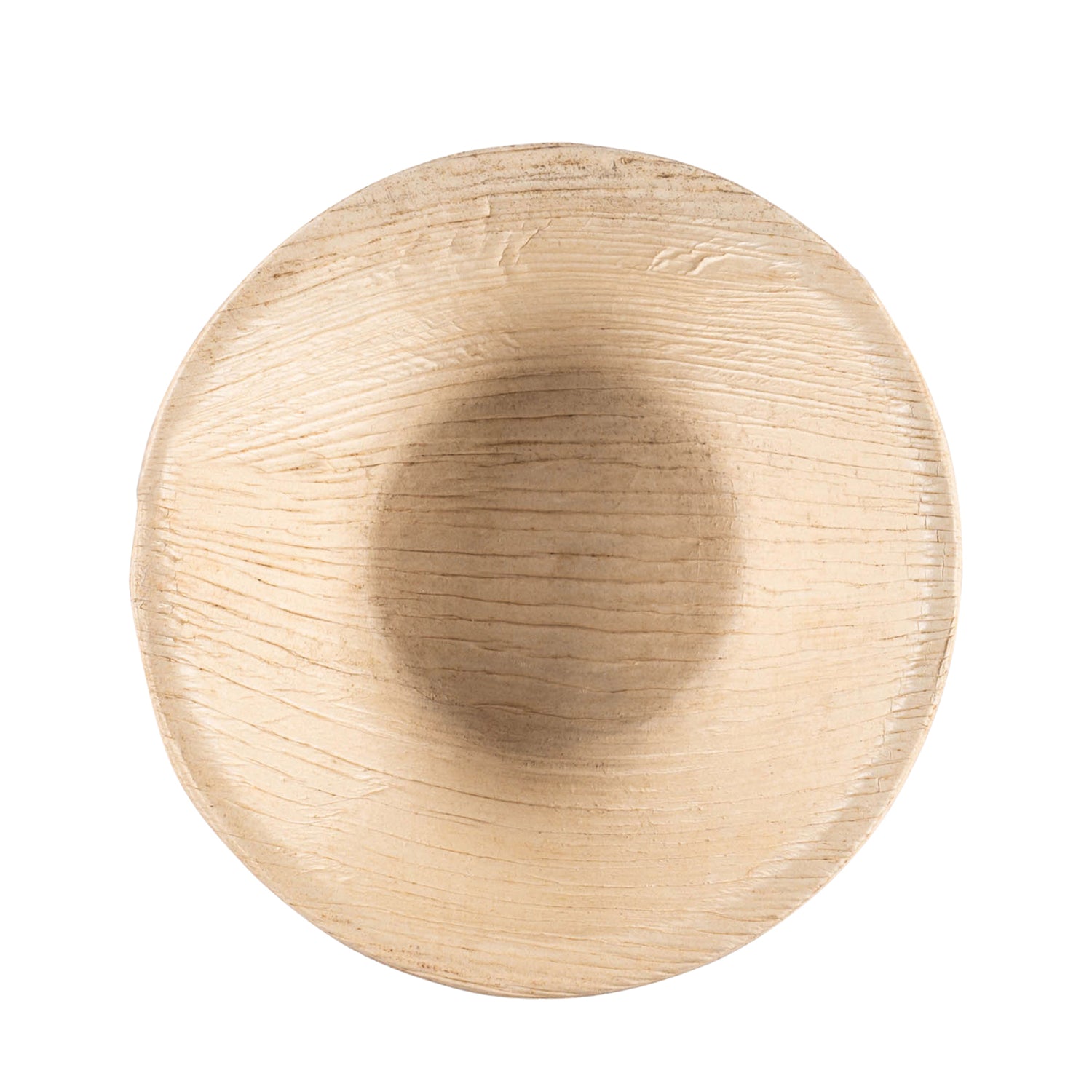 A beige, round 8 oz. palm-leaf bowl with a smooth texture and subtle linear patterns on its surface, viewed from above. The design of the Round Palm Leaf Disposable Eco Friendly Soup Bowl is simple and minimalist, making it ideal for eco-friendly disposable use.