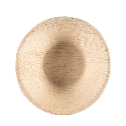 A beige, round 8 oz. palm-leaf bowl with a smooth texture and subtle linear patterns on its surface, viewed from above. The design of the Round Palm Leaf Disposable Eco Friendly Soup Bowl is simple and minimalist, making it ideal for eco-friendly disposable use.