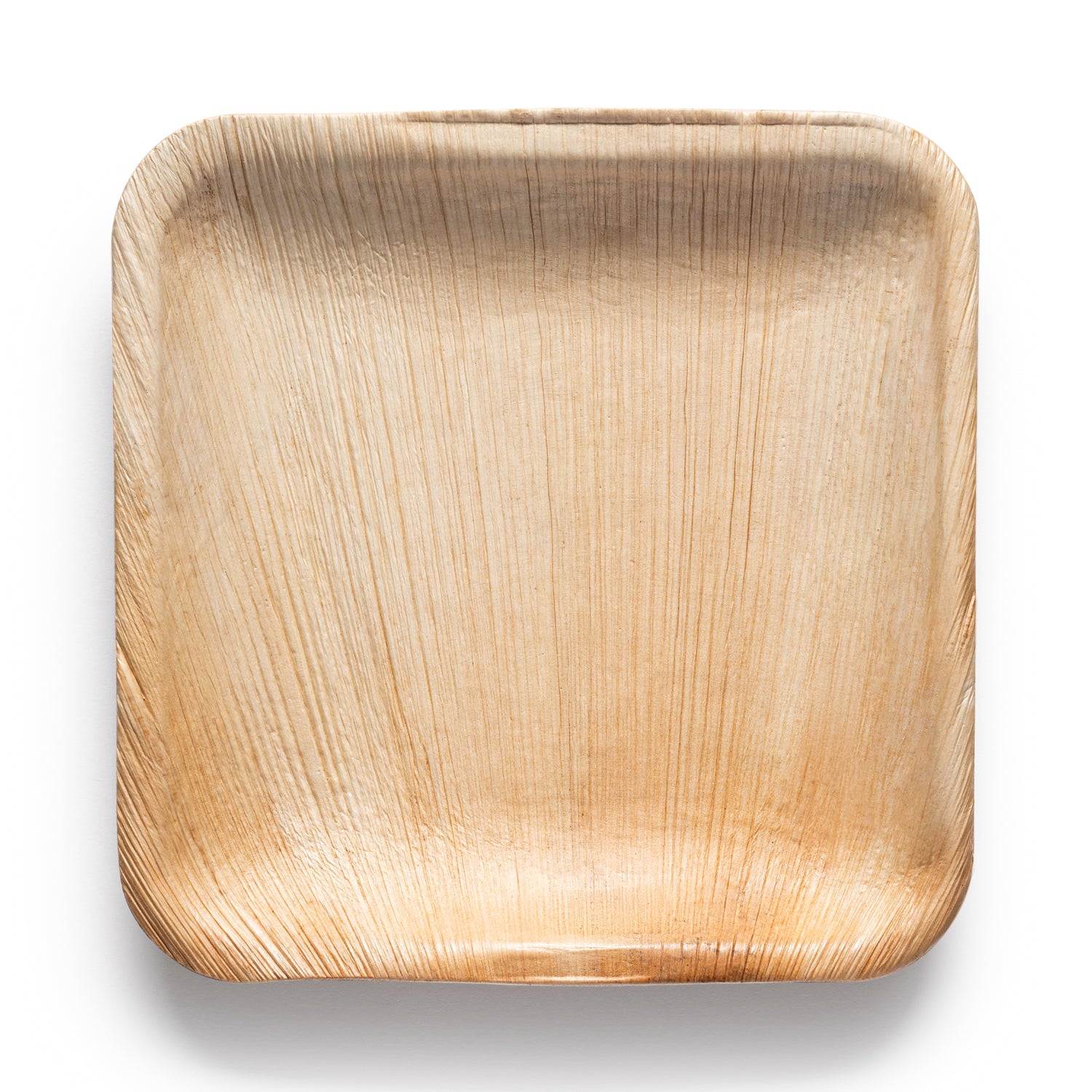 Introducing the Square Palm Leaf Disposable Eco Friendly Appetizer/Salad Plates (6"): crafted from natural, palm leaf material, these square plates are both compostable and environmentally friendly. They showcase a light brown color with a visible texture and grain, imparting a rustic appearance. The plates feature rounded corners and are set against a white background, making them an excellent choice for disposable appetizer plates.