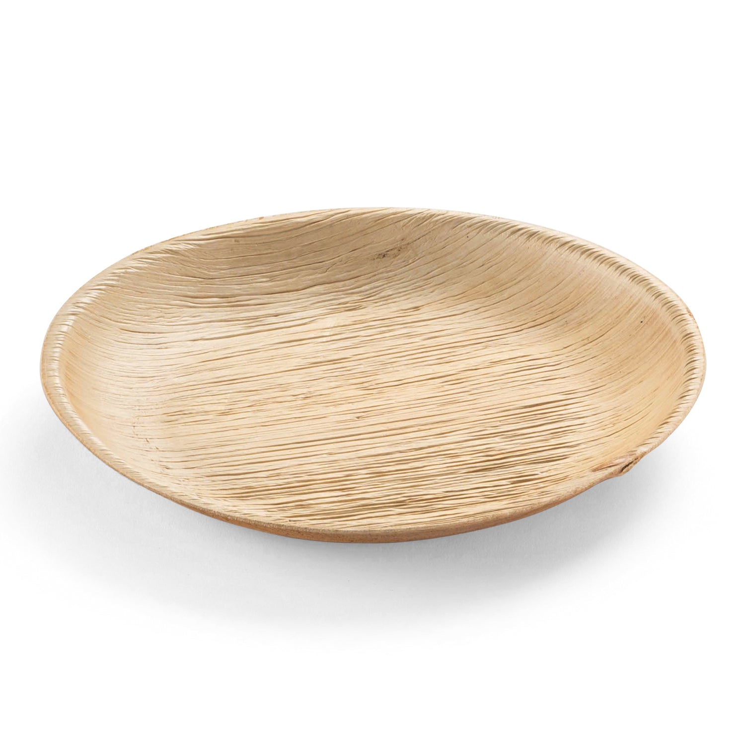 A round, shallow plate named the Round Palm Leaf Eco Friendly Salad Plate (8"), crafted from light-colored, natural palm leaves. The surface of this compostable plate features a subtle, textured grain pattern that lends it a rustic and organic look. This biodegradable tableware is displayed on a white background.