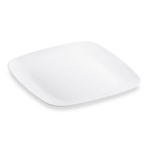A simple, white square-shaped plastic plate with slightly rounded edges, set against a plain white background. This Solid White Flat Rounded Square Plastic Salad Plate (7.25