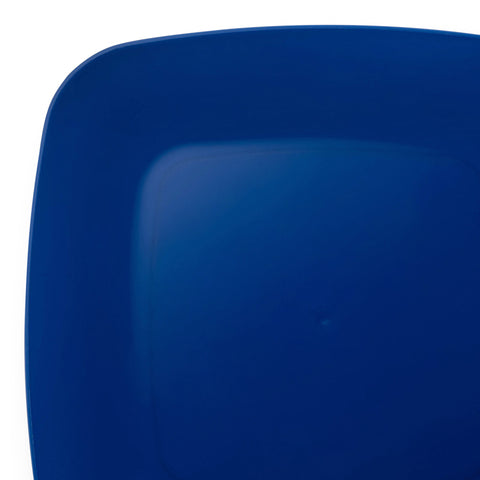 A close-up image of the corner of a dark blue, rounded square Blue Flat Rounded Square Plastic Salad Plate (7.25