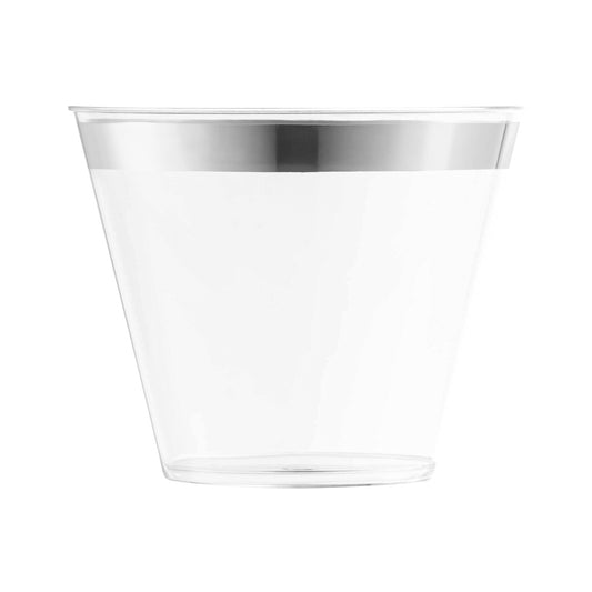 9 oz. Clear with Shiny Silver Rim Round Disposable Plastic Cups