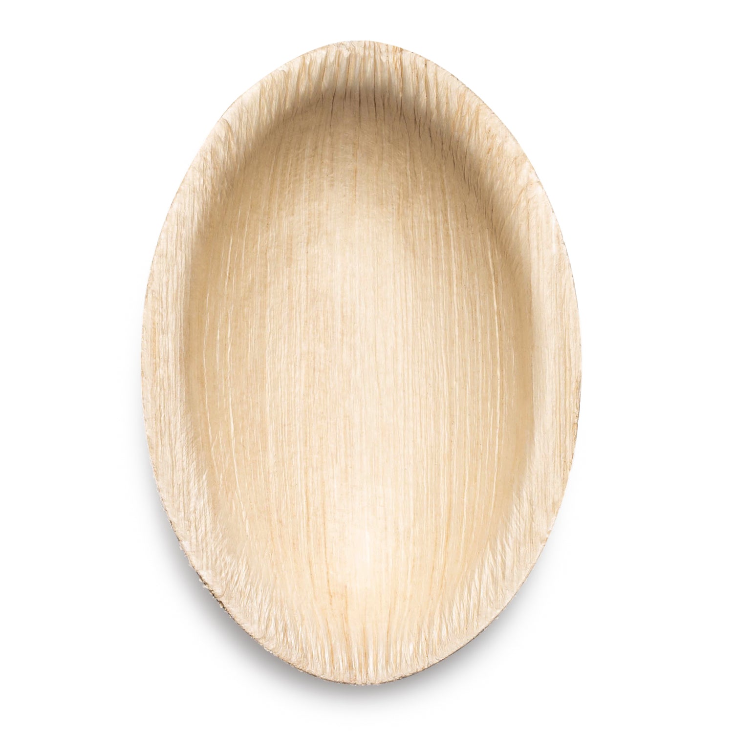A close-up view of an empty Ellipse Palm Leaf Eco Friendly Mini Plate (3.5"), showcasing its oval shape and beige hue, made from a natural, rough-textured material. The plate features slightly raised edges and a smooth interior surface. As an eco-friendly alternative, this piece brings the elegance of palm leaf plates to any setting. The background is plain white.