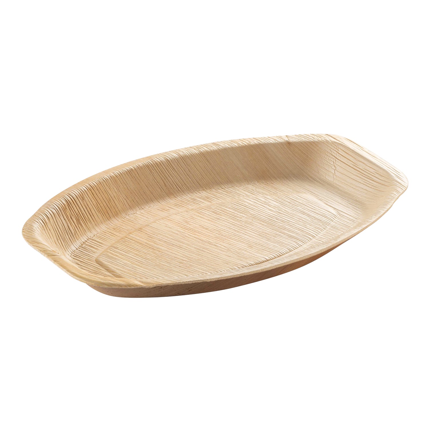 The 9" x 13" Oval Natural Palm Leaf Disposable Eco-Friendly Tray boasts a natural wood grain texture, slightly raised edges, and a light beige color. Its rustic appearance makes it perfect for serving food at parties or picnics while being fully compostable.