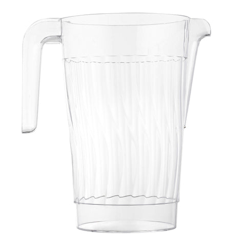 52 oz. Clear Round Disposable Plastic Pitcher with a contoured handle and a spout for pouring, featuring a wavy pattern and shown empty against a plain white background to highlight its simple, transparent design.