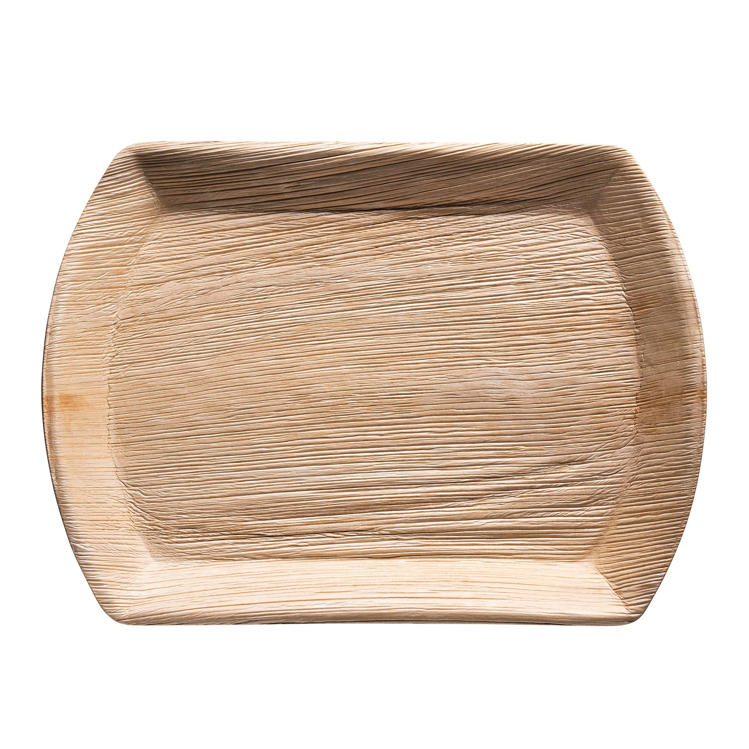 The 13" x 9" Rectangular Palm Leaf Natural Eco-Friendly Disposable Trays are crafted from compostable palm leaf material, featuring a natural wood grain texture with gently curved edges. The light brown color and smooth, polished surface emphasize the organic feel of these eco-friendly disposable trays.