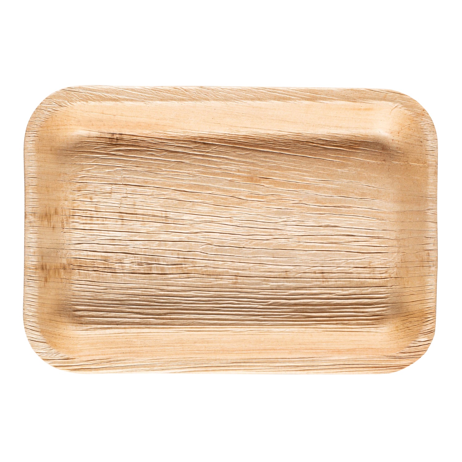 The 11" x 7" Rectangular Natural Palm Leaf Disposable Eco-Friendly Tray is crafted from natural palm leaf material, boasting a light brown color with a textured, wood-grain appearance. This biodegradable tray features rounded corners and a slightly elevated edge, making it both stylish and sustainable.