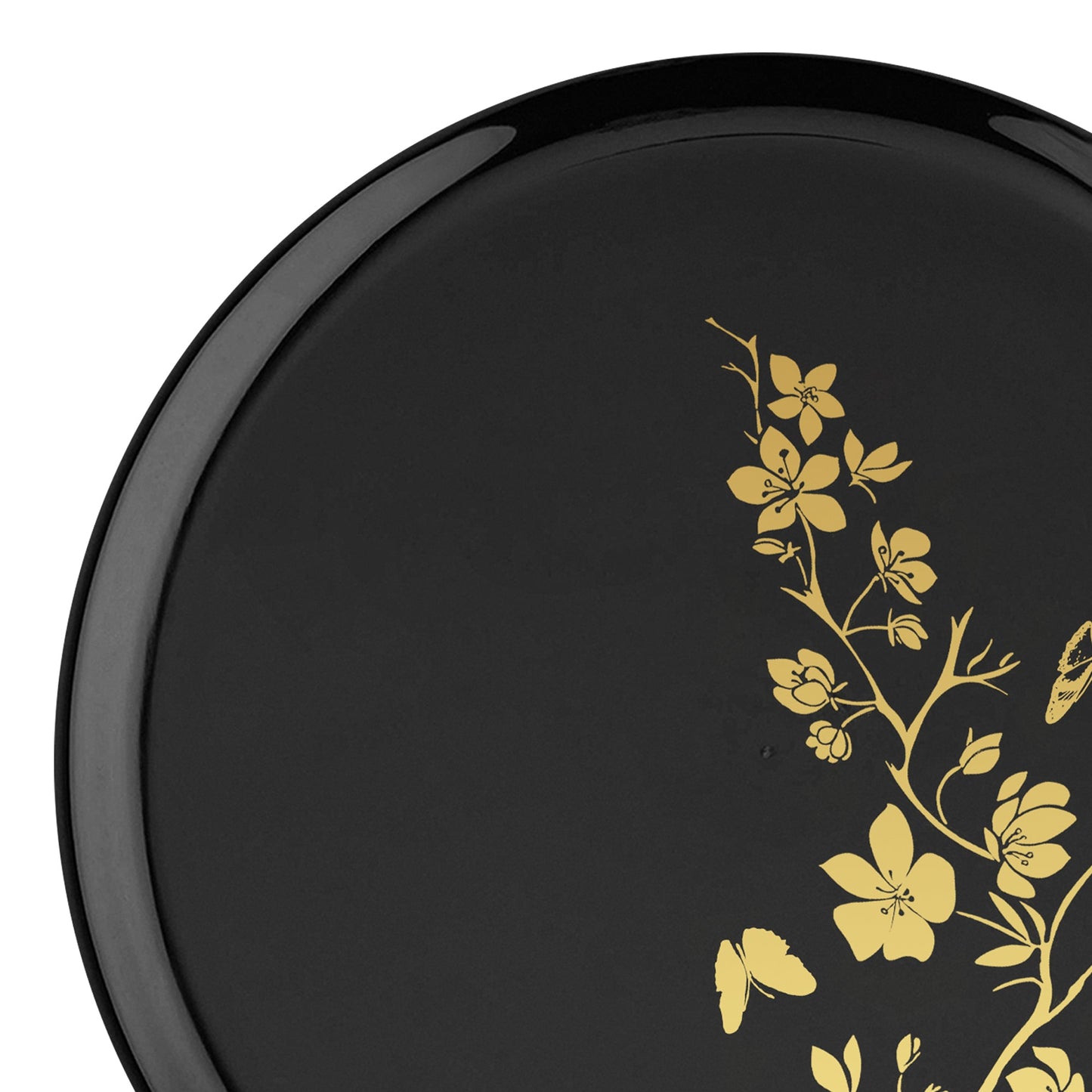 Black with Gold Floral Round Plastic Pastry Plates (6.25")
