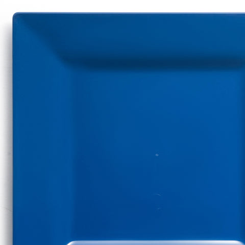 A close-up of a Midnight Blue Square Disposable Plastic Dinner Plate (9.5