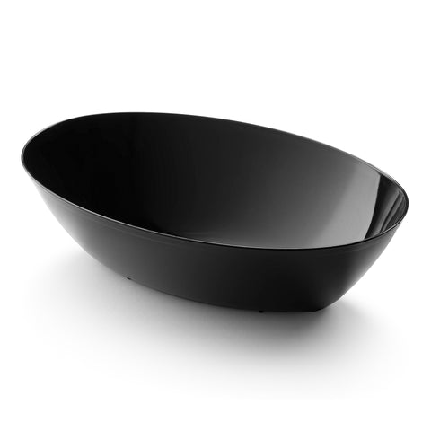A sleek, 2-quart capacity Black Oval Disposable Plastic Serving Bowl with a smooth and shiny surface is placed on a plain white background. This serving bowl has a shallow depth and boasts a minimalist, modern design.