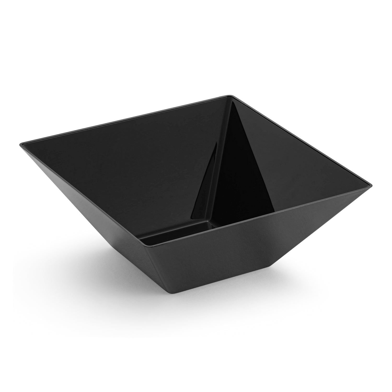 The Black Square Disposable Plastic Serving Bowl (3 qt.) features a sleek, angular black design with a distinctive geometric flair. Made from BPA-free, food-grade materials, this bowl has a square base that elegantly rises towards a wider square opening. Its sharp, clean lines contribute to its modern, minimalist appearance.
