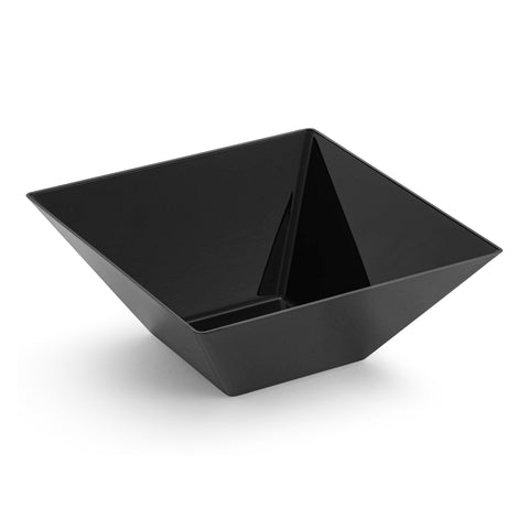 The Black Square Disposable Plastic Serving Bowl (3 qt.) features a sleek, angular black design with a distinctive geometric flair. Made from BPA-free, food-grade materials, this bowl has a square base that elegantly rises towards a wider square opening. Its sharp, clean lines contribute to its modern, minimalist appearance.