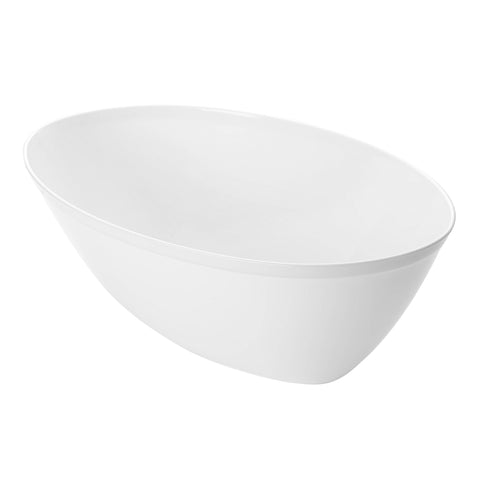 A sleek, white oval-shaped basin with a minimalist design. The basin has a smooth, glossy surface and curves upward at the edges, creating a modern, elegant look. Like our White Oval Disposable Plastic Serving Bowls (2 qt.), it features clean lines and a simple form that enhance its contemporary aesthetic.