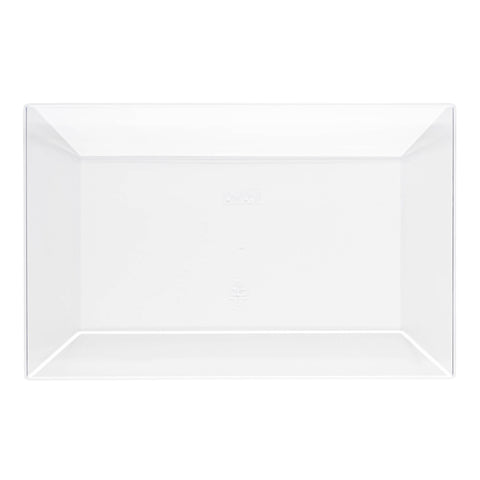 A clear rectangular BPA-free plastic dessert plate with slightly raised edges, seen from a top-down perspective against a white background. The plate has smooth surfaces and a simple, minimalist design, suitable for serving or organizing items. Perfect as an alternative to traditional trays or disposable options.