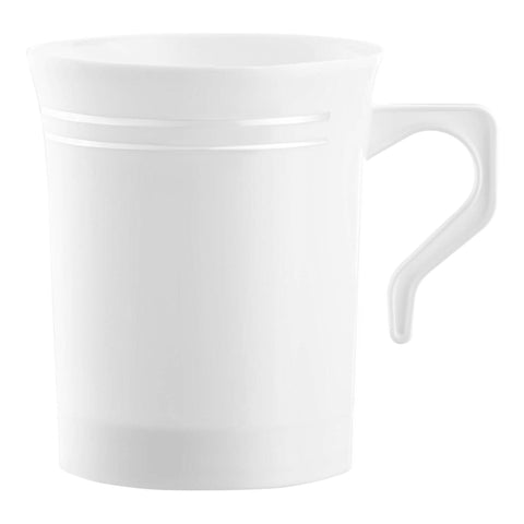 Introducing the 8 oz. White with Silver Edge Rim Round Disposable Plastic Coffee Mugs: These white plastic mugs feature a slightly flared rim and a single decorative ridge near the top. Their uniquely shaped handles add charm, while the high-quality plastic ensures they are both lightweight and durable. The minimalist design is elevated by a subtle silver edge rim, making them perfect for any occasion.