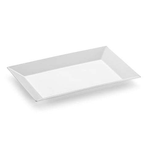 A rectangular silver plastic plate with slightly raised edges, positioned against a plain white background. The elegant rectangular plate has a minimalist and modern design, featuring clean lines and a smooth, glossy surface.