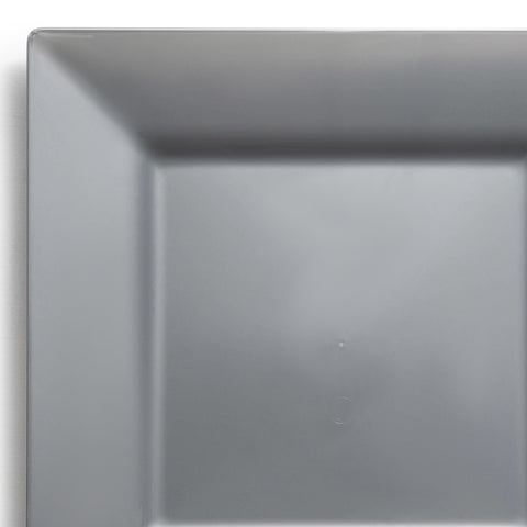 A close-up of a Silver Square Disposable Plastic Dinner Plate (9.5