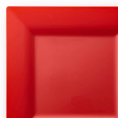 A close-up image of a glossy Red Square Disposable Plastic Dinner Plate (9.5