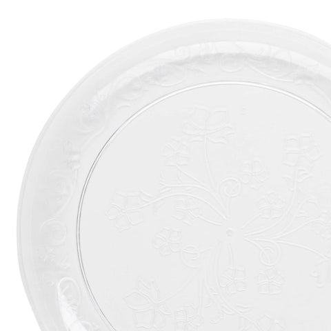 A close-up view of a Clear Floral Round Plastic Salad Plate (7