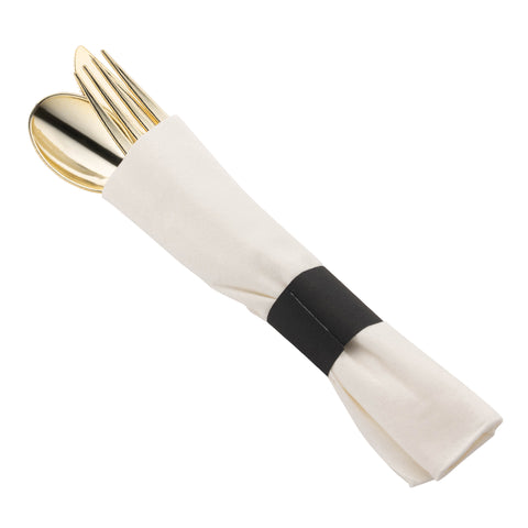 Introducing the Gold Disposable Plastic Cutlery in White Napkin Rolls Set, featuring 10 forks, 10 knives, and 10 spoons wrapped neatly in white napkins and secured with paper rings. This elegant tableware is presented perfectly for any formal dining setting.