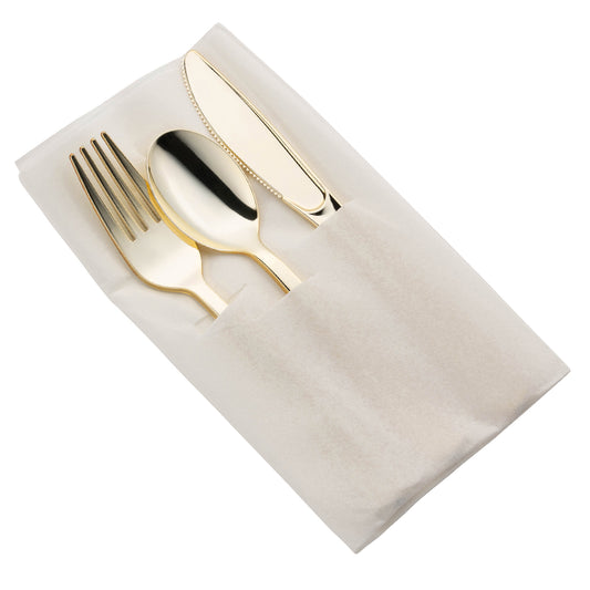 Gold Disposable Plastic Cutlery in White Pocket Napkin Set - 7 Napkins, 7 Forks, 7 Knives, and 7 Spoons