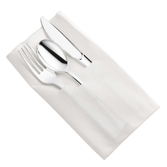 Silver Disposable Plastic Cutlery in White Pocket Napkin Set - 7 Napkins, 7 Forks, 7 Knives, and 7 Spoons