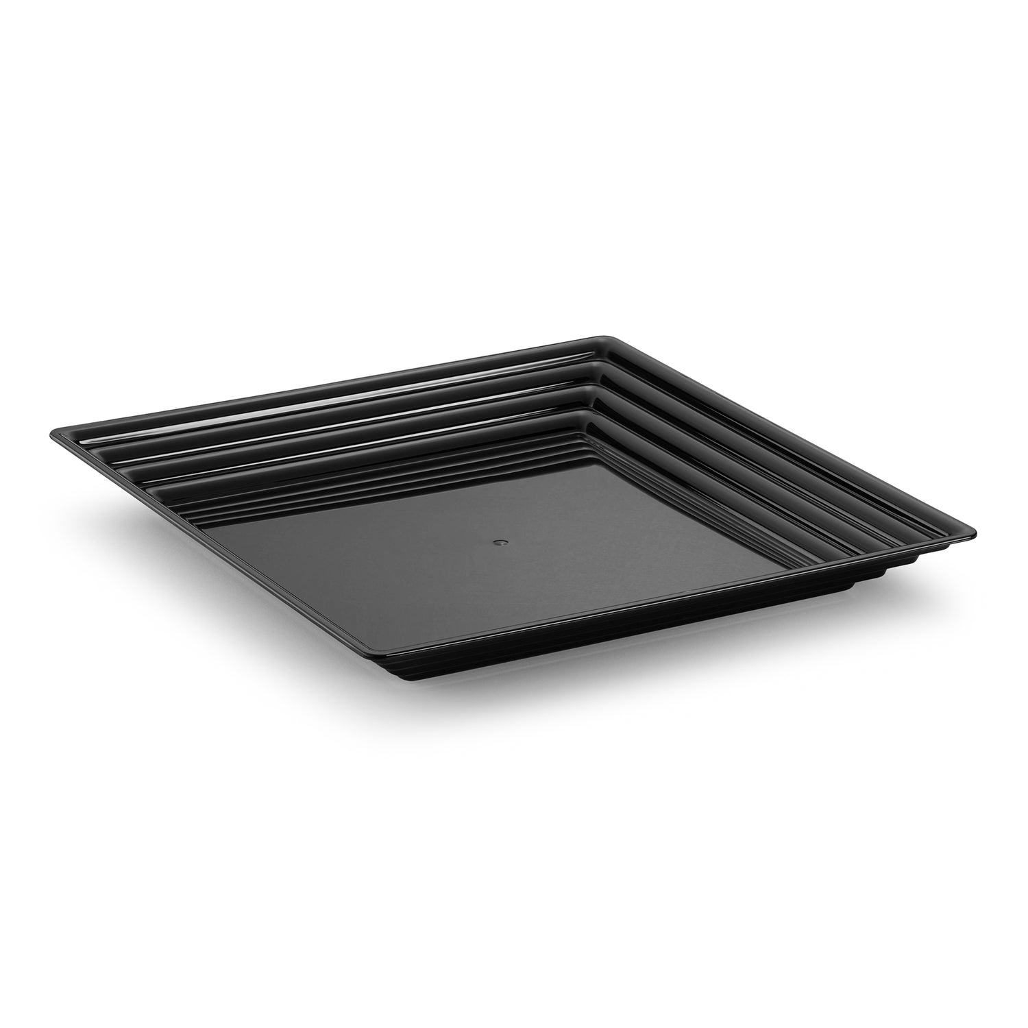 Introducing the 16" x 16" Black Square with Groove Rim Disposable Plastic Serving Tray: a durable black plastic tray with raised edges and a sleek, layered design. This modern, minimalist serving tray is elegantly displayed against a white background.