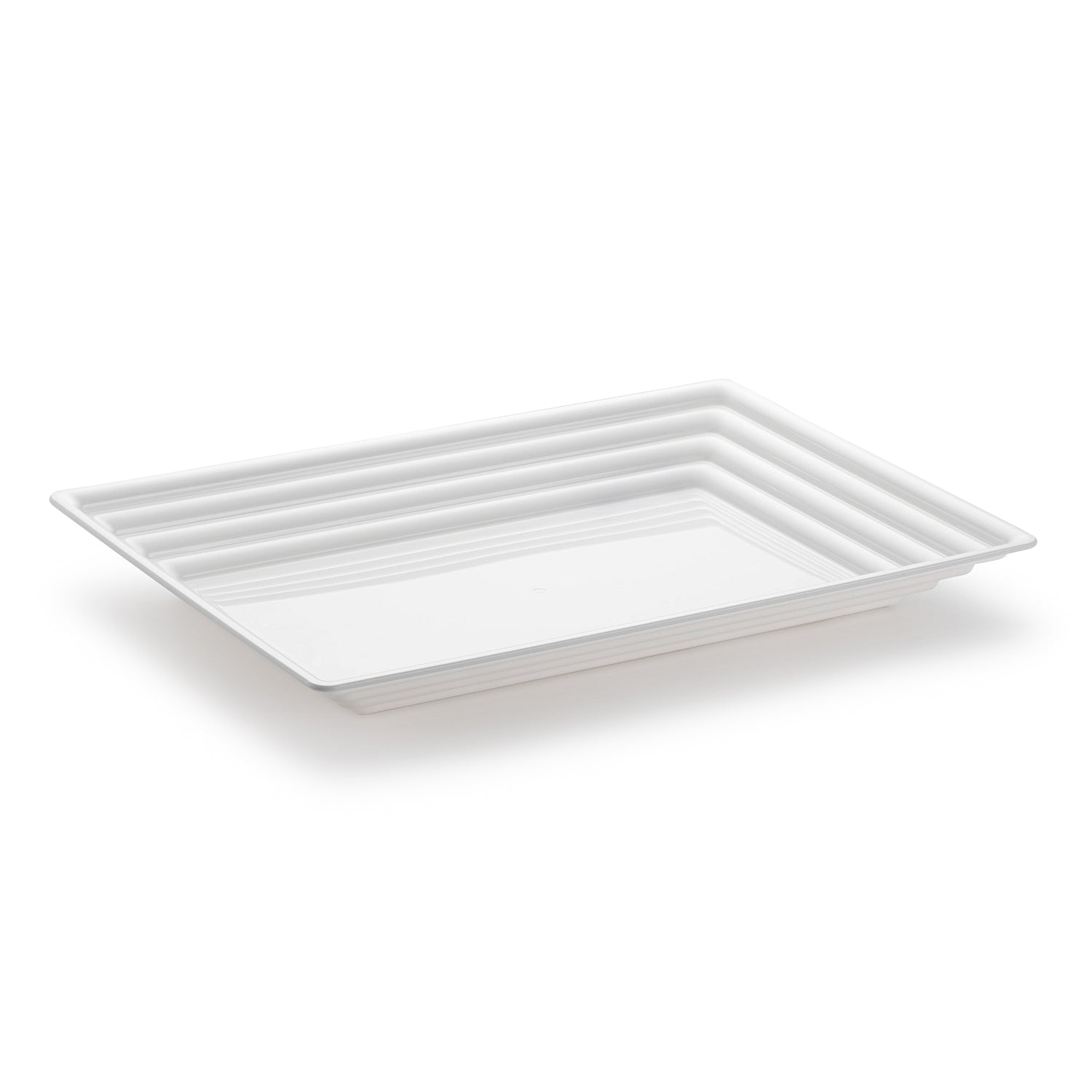 A 9" x 13" white rectangular serving tray with groove rims is centered against a plain white background. The modern design features a slightly raised border and a smooth, glossy finish.