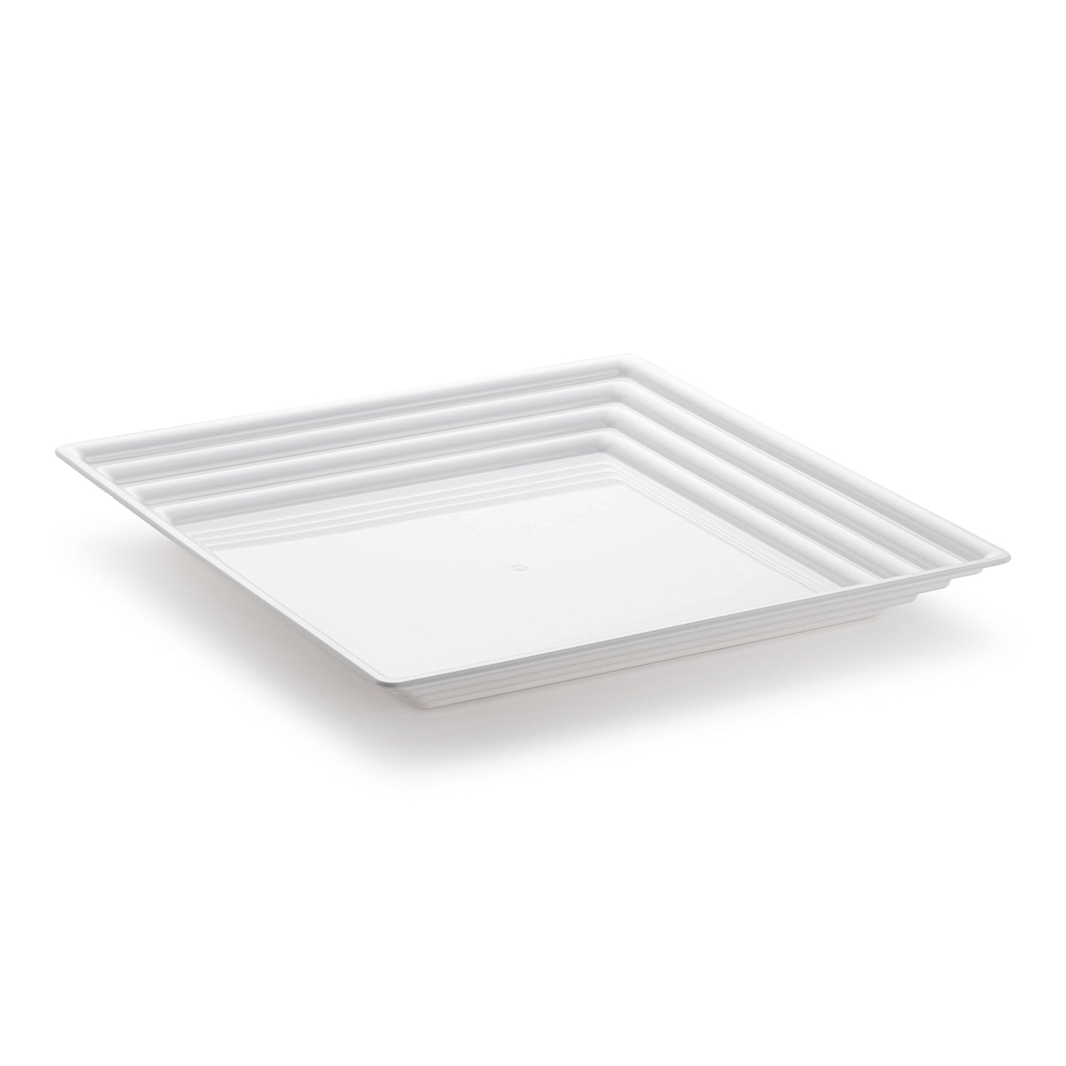 A 12" x 12" white square tray with a groove rim, crafted from plastic and featuring a modern, tiered design. This plain and minimalistic disposable serving tray is perfect as an elegant party platter for serving food and is displayed on a white background.