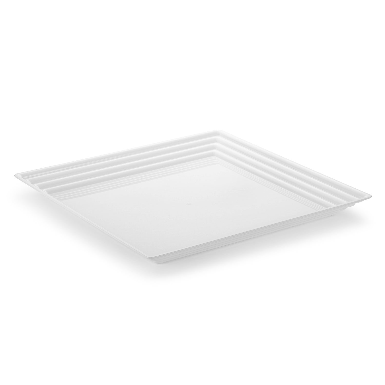 The 16" x 16" White Square with Groove Rim Disposable Plastic Serving Tray features a minimalist, square design with gently stepped edges near the rim, creating a subtle layered effect. Its modern and sleek appearance makes it ideal for serving various types of food, while the plain white background highlights the elegance of these square trays.
