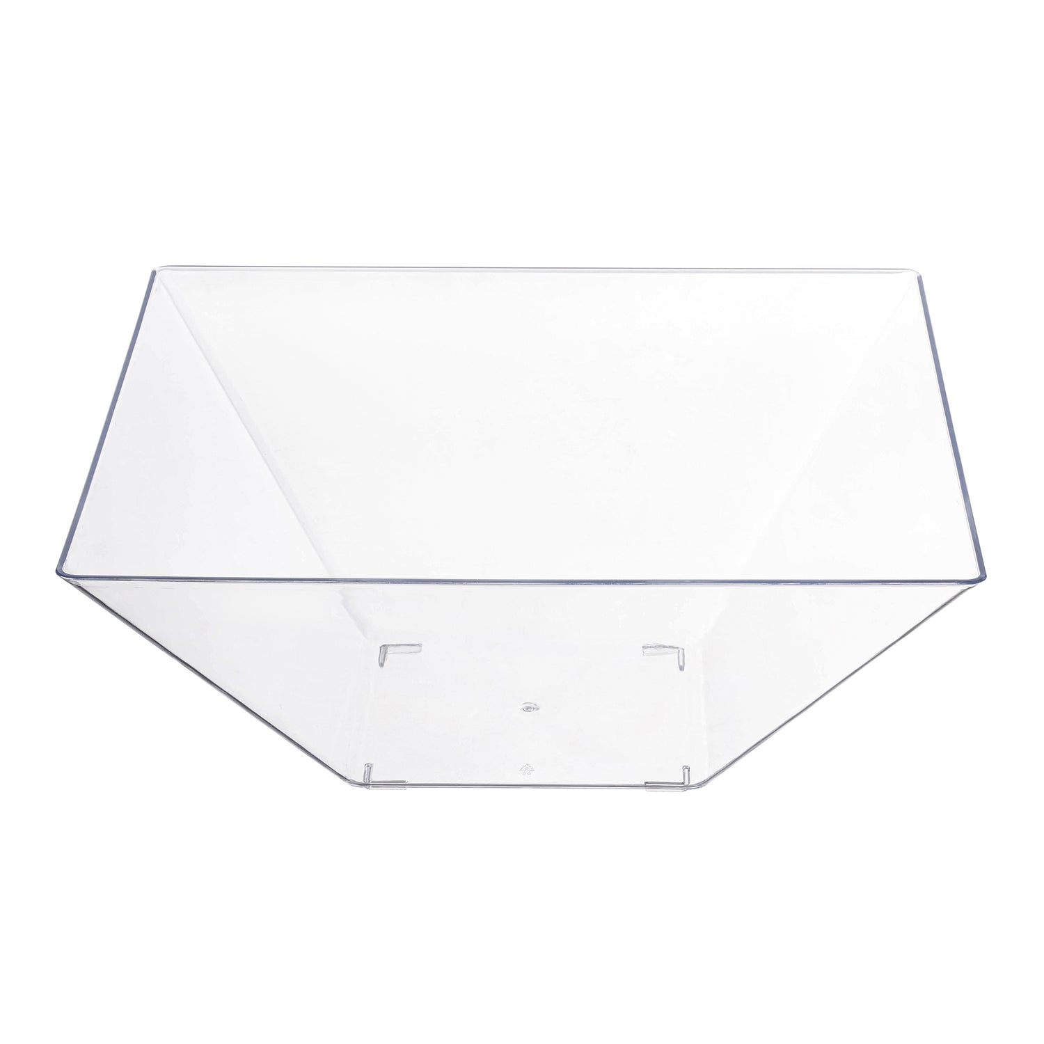 A clear, empty, rectangular acrylic display bin with a slightly slanted front for easy access. The bin has smooth, polished edges and a modern, minimalistic design. Perfect for showcasing or organizing products like the Clear Square Disposable Plastic Serving Bowls (4 qt.) in an elegant and orderly manner.
