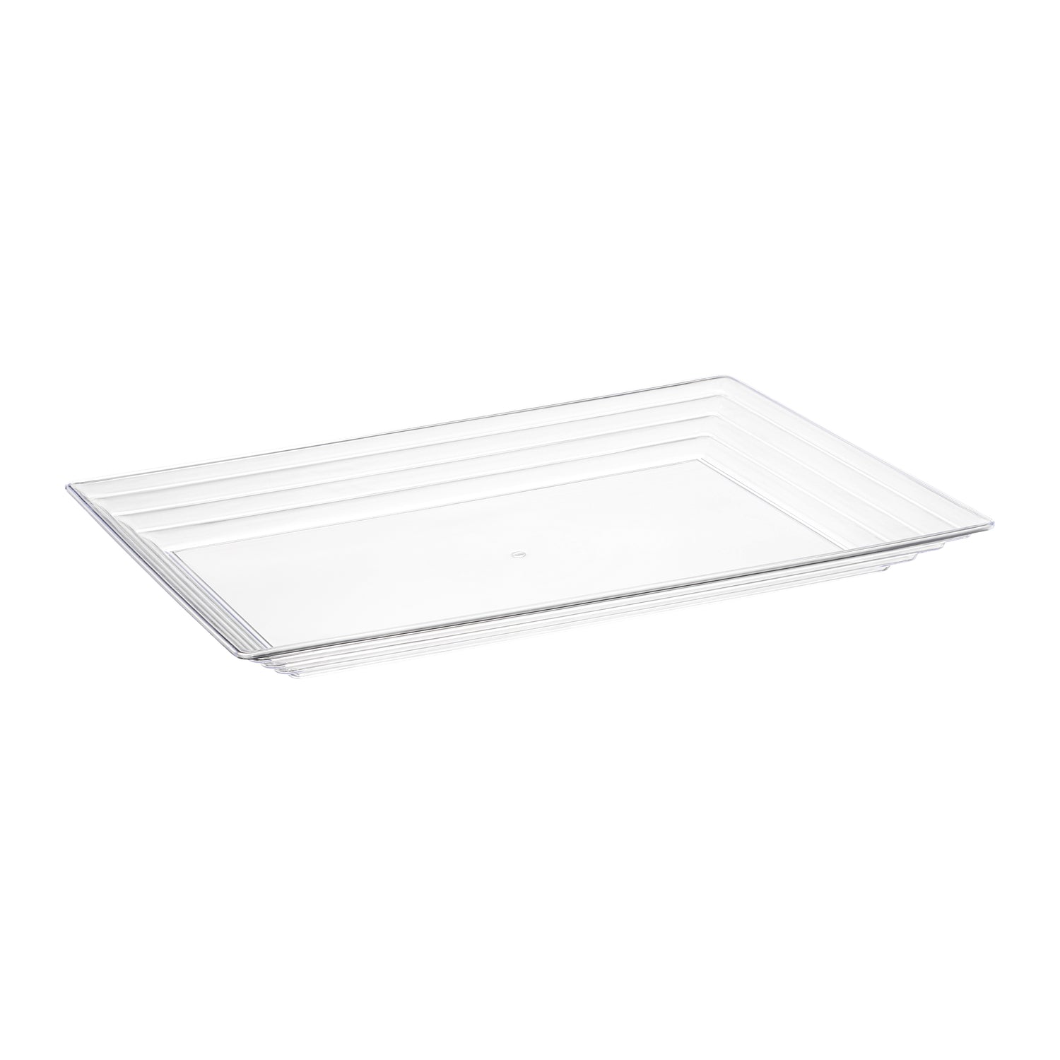 A 9" x 13" clear rectangular disposable plastic serving tray with a groove rim. The tray features a minimalist design with a transparent surface that reflects light, making it ideal for displaying or serving food. Its elegant appearance makes it stand out among other clear serving trays.