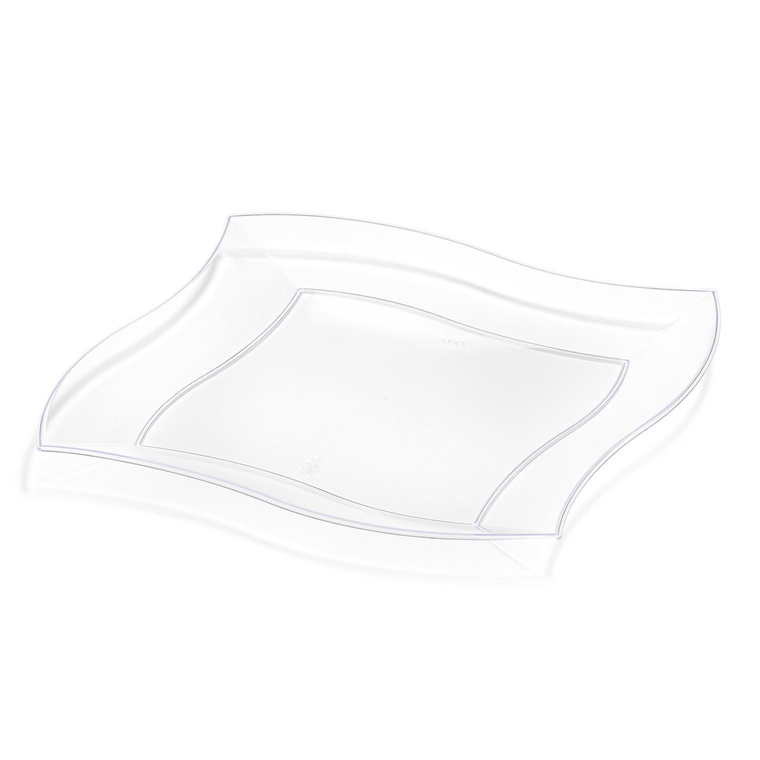Image of a Clear Wave Disposable Plastic Dinner Plate (10") with gently wavy edges. The smooth, transparent surface allows a full view of any table it graces. The minimalist and contemporary design makes these plates suitable for various occasions.