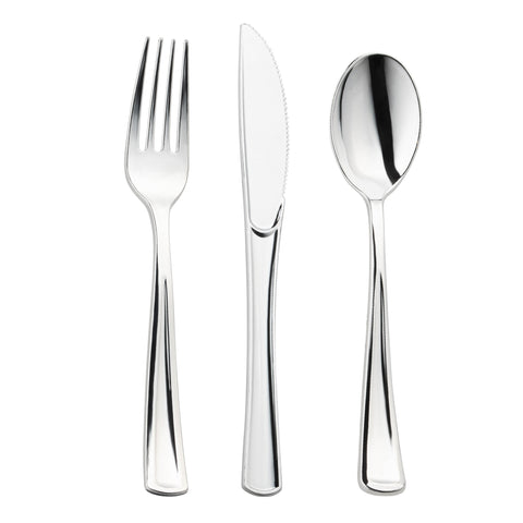 The Shiny Metallic Silver Disposable Plastic Cutlery Combo Set consists of a fork, knife, and spoon arranged side by side. Each piece is made of shiny metallic silver plastic with a simple, elegant design. Perfect for single party use, the fork has four tines, the knife features a serrated edge, and the spoon has an oval-shaped bowl.
