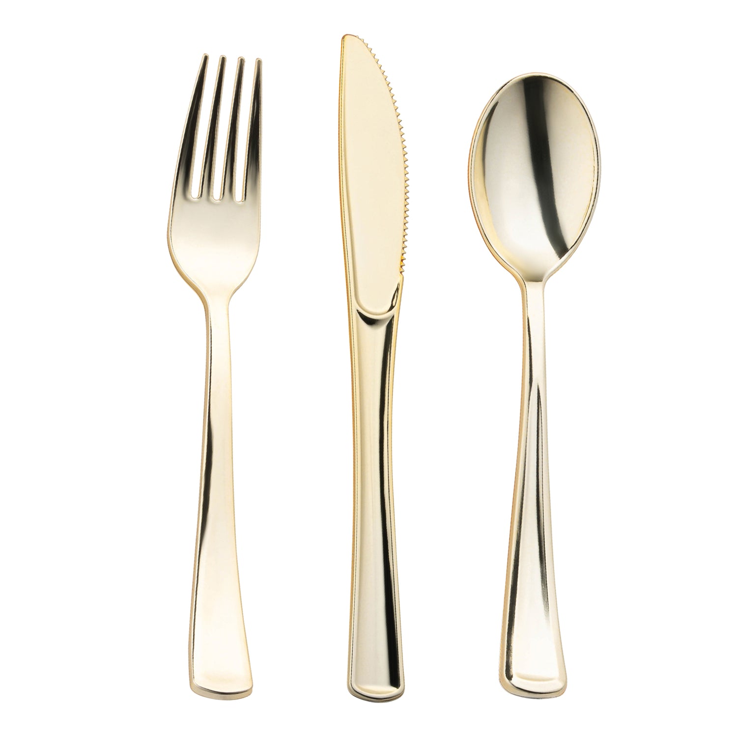 A set of three Shiny Gold Classic Cutlery Plastic Cutlery utensils arranged vertically on a white background. From left to right: a fork with four tines, a serrated knife with a curved handle, and a spoon with a rounded bowl. All feature sleek, modern designs and are BPA-free.