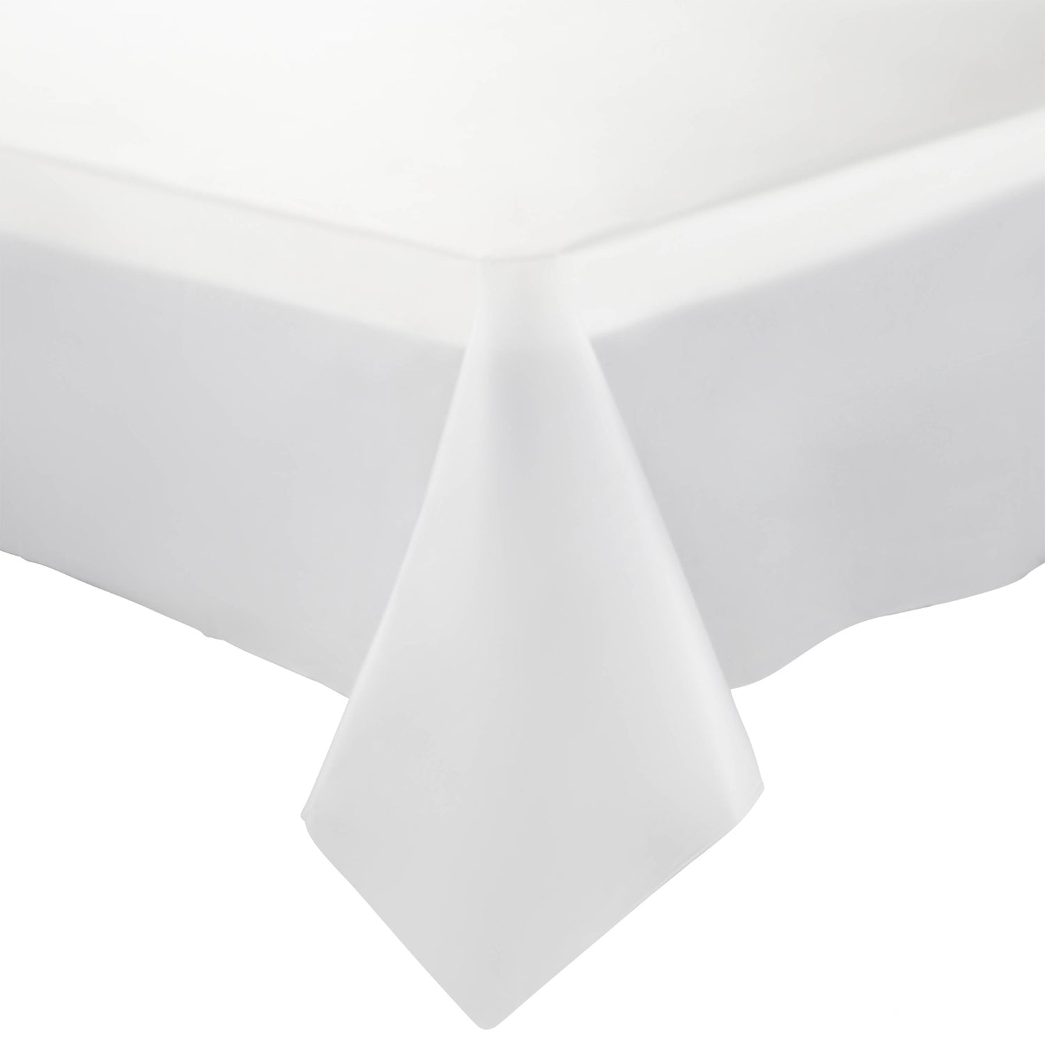 A close-up of a Clear Rectangular Plastic Tablecloth (54" x 108") neatly covering the corner of a table. The tablecloth appears smooth and well-tucked, emphasizing its clean and crisp appearance, much like a fitted sheet on a mattress.