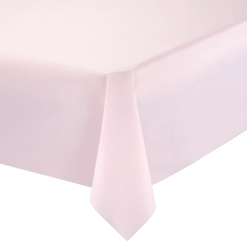 A close-up view of a corner of a neatly fitted light pink bed sheet tucked around the edge of a mattress. The fabric appears smooth and tightly secured, showcasing its wrinkle-free surface. The background is plain and white, reminiscent of the pristine appeal found in Pink Rectangular Plastic Tablecloths (54