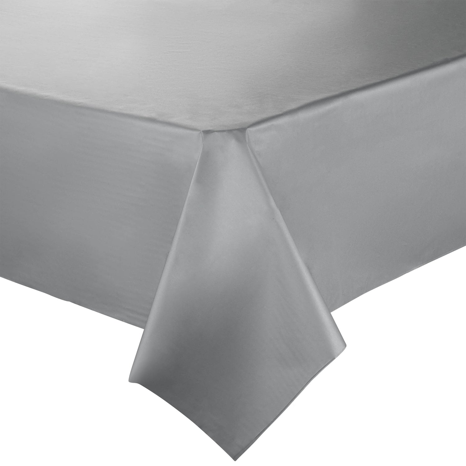 A neatly made bed with a fitted sheet, reminiscent of a Silver Rectangular Plastic Tablecloth (54" x 108"). The sheet has smooth corners and is tucked under the mattress, displaying a clean and tidy appearance. The fabric appears to be soft and slightly shiny.