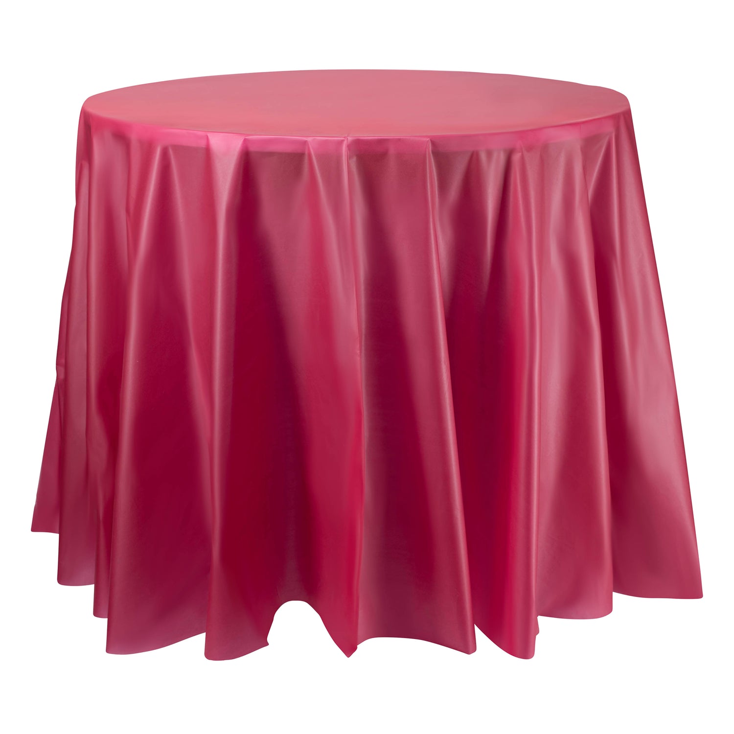 A round table adorned with a lustrous, deep pink covering. The fabric cascades gracefully over the sides, forming gentle folds and a subtle sheen that mirrors the look of Burgundy Round Plastic Tablecloths (84"). The table stands alone against a simple white backdrop.