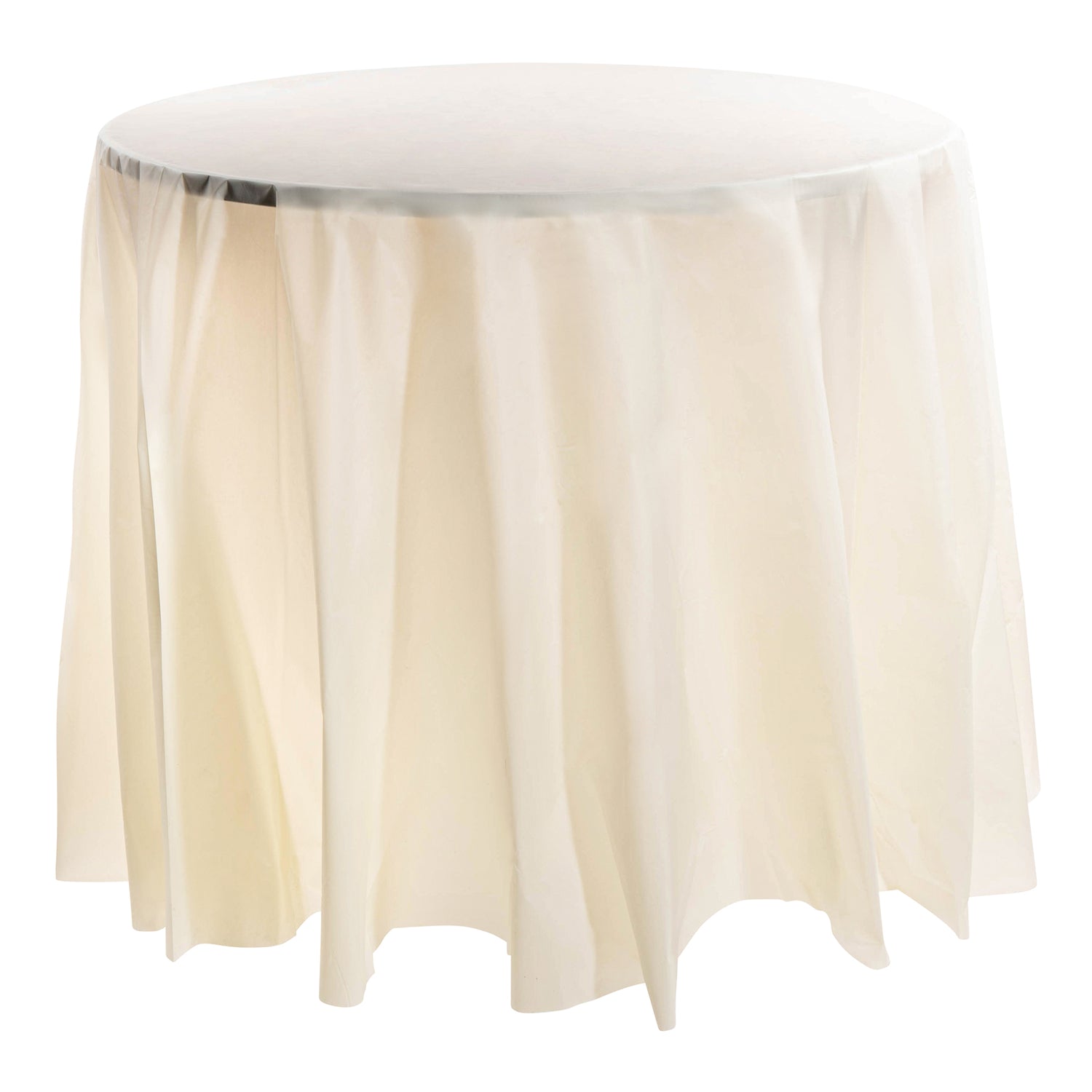 An Ivory Round Plastic Tablecloth (84") drapes gracefully to the floor, creating soft folds. The plain white background ensures that all attention is focused on the elegant table.
