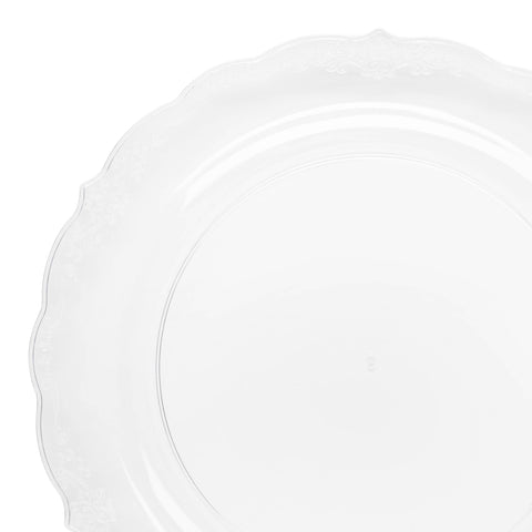 A close-up of the **Clear Vintage Round Plastic Disposable Dinner Plates (10
